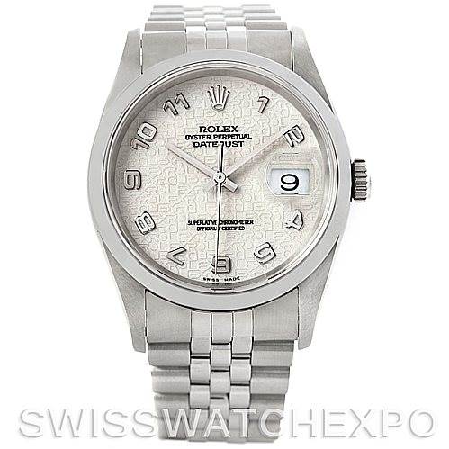 This image shows a front view of a Rolex Datejust 16200 Men's Stainless Steel Beige Dial 16200 Men's Stainless Steel Beige Dial watch highlighting its dial, hands, date window, and bracelet.