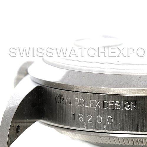 This image shows a close-up view of the side of a Rolex Datejust 16200 Men's Stainless Steel Beige Dial 16200 Men's Stainless Steel Beige Dial watch, displaying the case model number "16200" and "Orig. Rolex Design."