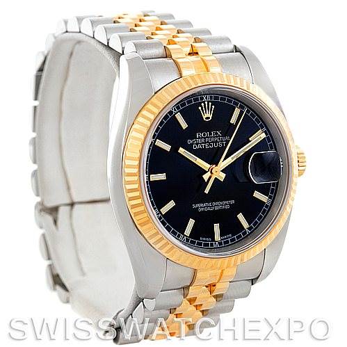 The image shows a Rolex Datejust 116233 Men
s Stainless Steel Black Dial 116233 Men
s Stainless Steel Black Dial watch at a front angle, highlighting its two-tone band, black dial, and date magnifier.