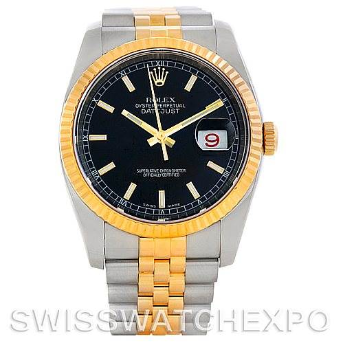 The image shows a front view of a Rolex Datejust 116233 Men
s Stainless Steel Black Dial 116233 Men
s Stainless Steel Black Dial watch, featuring a two-tone bracelet, black dial, and gold fluted bezel.