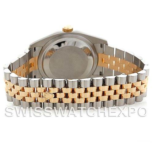 This image shows the back view of a Rolex Datejust 116233 Men
s Stainless Steel Black Dial 116233 Men
s Stainless Steel Black Dial watch, highlighting its two-tone jubilee bracelet.