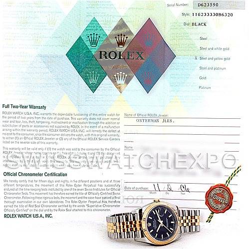The image shows the Rolex Datejust 116233 Men
s Stainless Steel Black Dial 116233 Men
s Stainless Steel Black Dial watch and its warranty certificate, displaying the watch face and the jubilee bracelet.