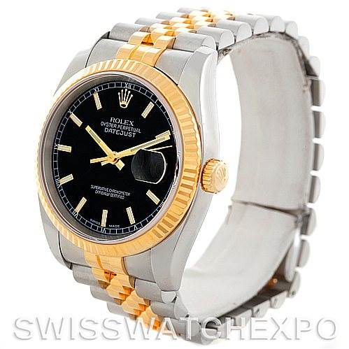 The Rolex Datejust 116233 Men
s Stainless Steel Black Dial 116233 Men
s Stainless Steel Black Dial model watch is shown at a slight angle, highlighting its black dial, two-tone bracelet, and gold fluted bezel.