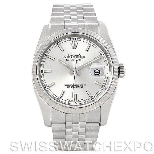 The image shows a front view of a Rolex Datejust 116234 Men's Stainless Steel Silver Dial 116234 Men's Stainless Steel Silver Dial watch, displaying its silver dial, Roman numeral bezel, date window, and jubilee bracelet.