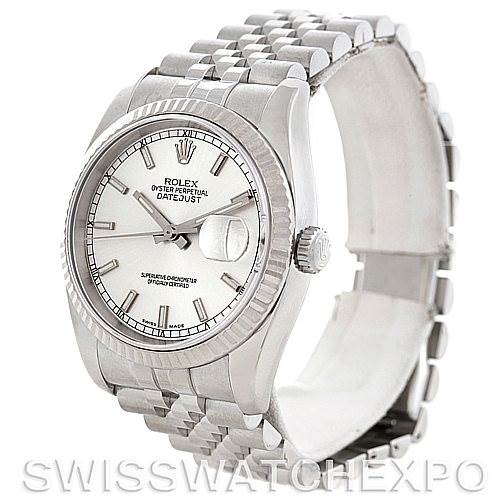 This image shows a side angle of a Rolex Datejust 116234 Men's Stainless Steel Silver Dial 116234 Men's Stainless Steel Silver Dial watch, highlighting the bracelet, crown, and face.