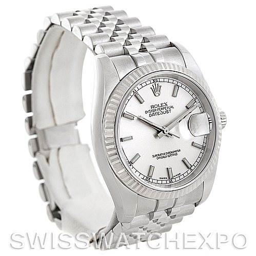 This image shows a side-angle view of a Rolex Datejust 116234 Men's Stainless Steel Silver Dial 116234 Men's Stainless Steel Silver Dial watch, highlighting the face, bezel, and bracelet.