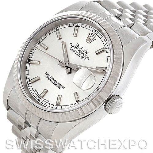This image shows an angled view of the Rolex Datejust 116234 Men's Stainless Steel Silver Dial 116234 Men's Stainless Steel Silver Dial watch, featuring its dial, crown, bezel, and bracelet.