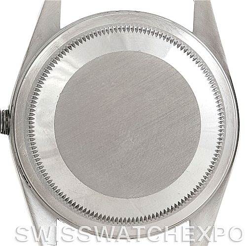 This image shows the back case of a Rolex Datejust 16200 Men's Stainless Steel Silver Dial 16200 Men's Stainless Steel Silver Dial watch, viewed from a top-down angle.