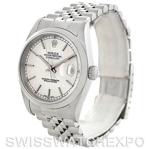 The image shows a Rolex Datejust 16200 Men's Stainless Steel Silver Dial 16200 Men's Stainless Steel Silver Dial watch at a slightly tilted angle, displaying the dial, bezel, and bracelet.