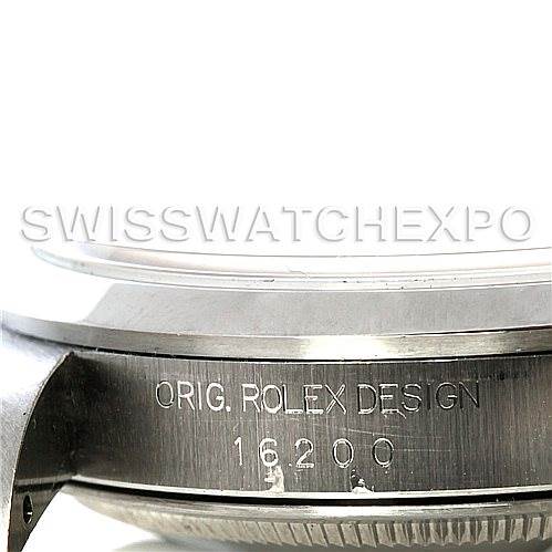 This image shows the case side engraving and part of the bezel for a Rolex Datejust 16200 Men's Stainless Steel Silver Dial 16200 Men's Stainless Steel Silver Dial model, displaying the model number 16200.