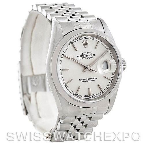The image shows a Rolex Datejust 16200 Men's Stainless Steel Silver Dial 16200 Men's Stainless Steel Silver Dial watch from an angled frontal view, highlighting the dial, bracelet, and case.