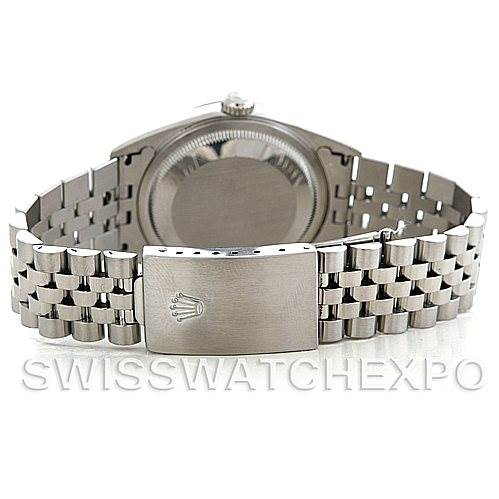 This image shows the back view of a Rolex Datejust 16200 Men's Stainless Steel Silver Dial 16200 Men's Stainless Steel Silver Dial watch, highlighting its caseback and the Jubilee bracelet with an engraved clasp.