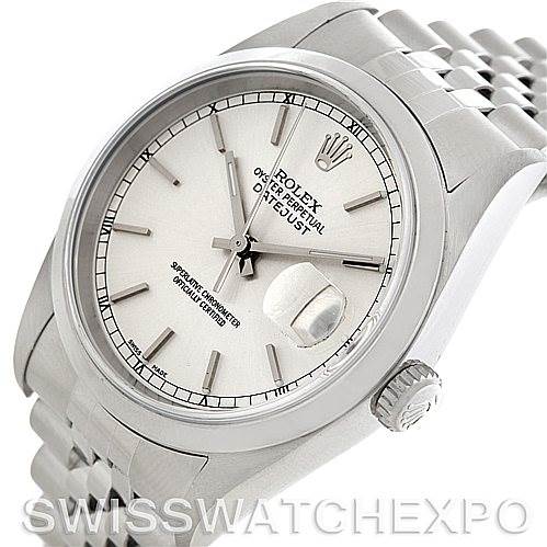 This image shows the Rolex Datejust 16200 Men's Stainless Steel Silver Dial 16200 Men's Stainless Steel Silver Dial watch at a slight angle, highlighting the dial, bezel, crown, and part of the bracelet.