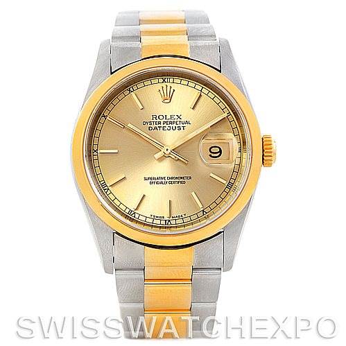 The image shows a front view of the Rolex Datejust 16203 Men
s Steel and Gold (two tone) Champagne Dial 16203 Men
s Steel and Gold (two tone) Champagne Dial watch, highlighting the face, bezel, and two-tone bracelet.
