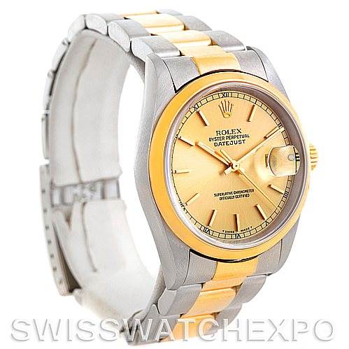 The image shows a side angle of a Rolex Datejust 16203 Men
s Steel and Gold (two tone) Champagne Dial 16203 Men
s Steel and Gold (two tone) Champagne Dial watch, highlighting its two-tone bracelet and champagne dial.