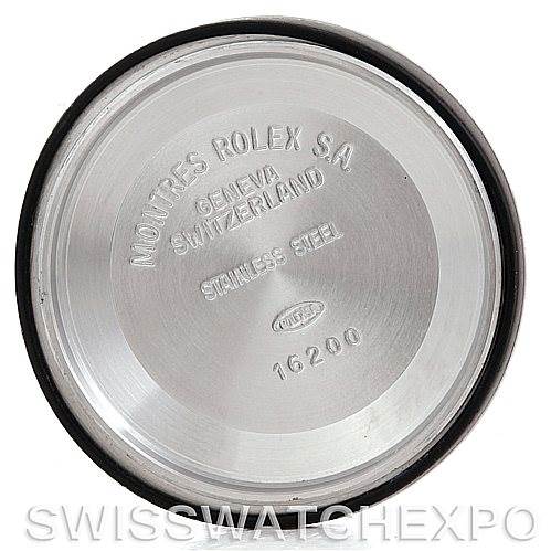 This image shows the inner case back of a Rolex Datejust 16203 Men
s Steel and Gold (two tone) Champagne Dial 16203 Men
s Steel and Gold (two tone) Champagne Dial watch, model number 16200, with inscriptions indicating brand and material.