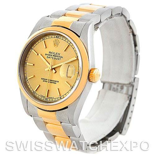 This image shows a front and slightly angled view of the Rolex Datejust 16203 Men
s Steel and Gold (two tone) Champagne Dial 16203 Men
s Steel and Gold (two tone) Champagne Dial watch, highlighting its dial, bezel, and bracelet.