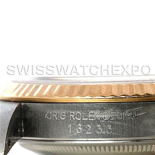 This image shows a close-up side angle of the bezel and case of the Rolex Datejust 16233 Men
s Steel and Gold (two tone) Blue Dial 16233 Men
s Steel and Gold (two tone) Blue Dial watch, highlighting the model number engraving.