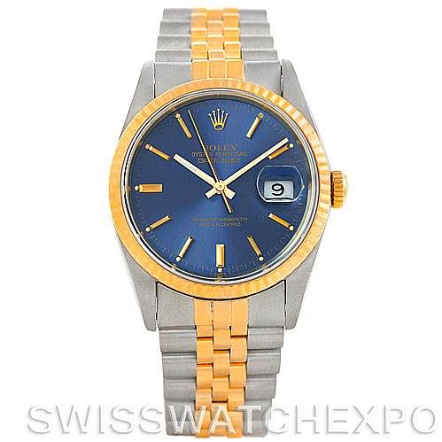 The image shows a front view of a Rolex Datejust 16233 Men
s Steel and Gold (two tone) Blue Dial 16233 Men
s Steel and Gold (two tone) Blue Dial watch, highlighting its two-tone bracelet and blue dial with a date window.