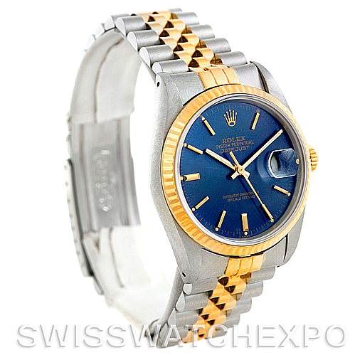 This image shows a side and front angle view of the Rolex Datejust 16233 Men
s Steel and Gold (two tone) Blue Dial 16233 Men
s Steel and Gold (two tone) Blue Dial, displaying the watch face, bezel, and bracelet.