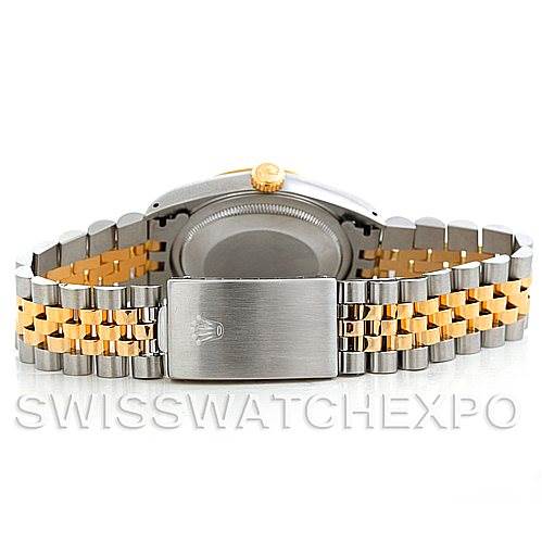 The image shows the back of a Rolex Datejust 16233 Men
s Steel and Gold (two tone) Blue Dial 16233 Men
s Steel and Gold (two tone) Blue Dial watch, highlighting the two-tone metal Jubilee bracelet and clasp.