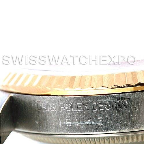 This image shows the side profile of the Rolex Datejust 16233 Men's Steel and Gold (two tone) White Dial 16233 Men's Steel and Gold (two tone) White Dial's case, highlighting the fluted bezel and engraved model number.