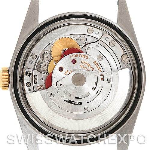 The image shows the internal mechanism and movement of the Rolex Datejust 16233 Men's Steel and Gold (two tone) White Dial 16233 Men's Steel and Gold (two tone) White Dial watch from the back angle without its case back.