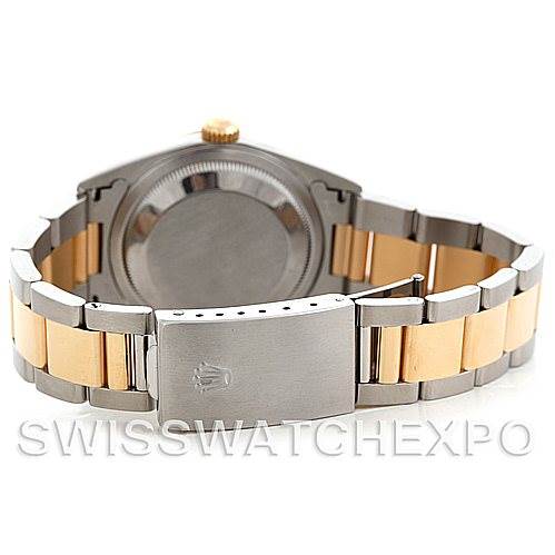 The image shows the rear angle of a Rolex Datejust 16233 Men's Steel and Gold (two tone) White Dial 16233 Men's Steel and Gold (two tone) White Dial watch, highlighting the case back and two-tone bracelet with clasp.
