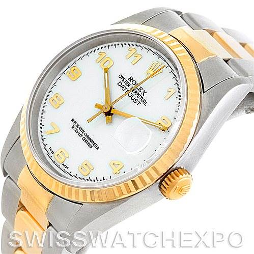 This image shows a Rolex Datejust 16233 Men's Steel and Gold (two tone) White Dial 16233 Men's Steel and Gold (two tone) White Dial watch angled to display the face, bezel, crown, and part of the bracelet.