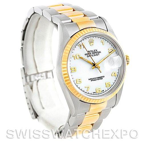 The image shows a Rolex Datejust 16233 Men's Steel and Gold (two tone) White Dial 16233 Men's Steel and Gold (two tone) White Dial watch at a three-quarter angle, highlighting the two-tone bracelet, fluted bezel, and white dial with gold markers.