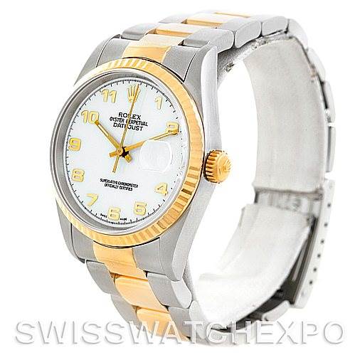 The Rolex Datejust 16233 Men's Steel and Gold (two tone) White Dial 16233 Men's Steel and Gold (two tone) White Dial watch is shown at a three-quarter angle highlighting its dial, bezel, and two-tone bracelet.