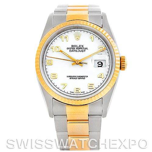 The image shows a front view of a Rolex Datejust 16233 Men's Steel and Gold (two tone) White Dial 16233 Men's Steel and Gold (two tone) White Dial watch, featuring a two-tone gold and silver bracelet and a white dial with gold numerals.