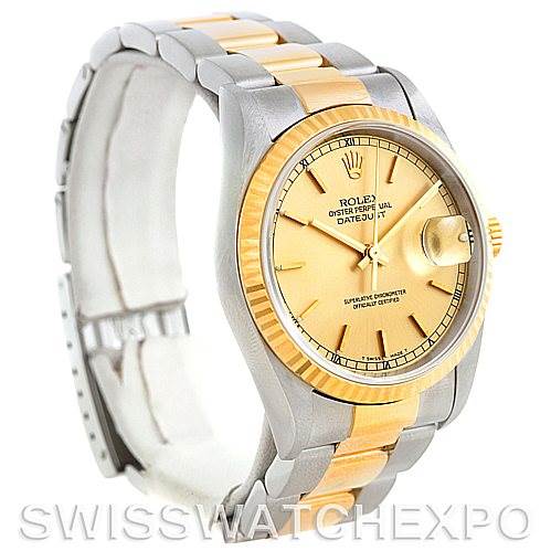 The image shows a Rolex Datejust 16233 Men's Steel and Gold (two tone) Champagne Dial 16233 Men's Steel and Gold (two tone) Champagne Dial watch at a slight angle, highlighting its gold and silver bracelet, fluted bezel, and date window.