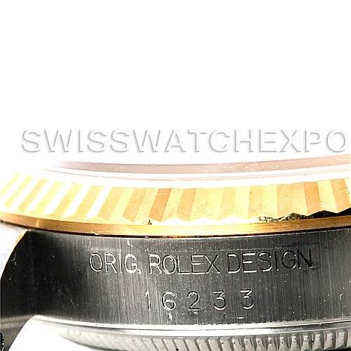 The image shows the side view of the Rolex Datejust 16233 Men's Steel and Gold (two tone) Champagne Dial 16233 Men's Steel and Gold (two tone) Champagne Dial watch case, highlighting the bezel and engraved model number "16233."