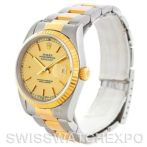 This image shows a Rolex Datejust 16233 Men's Steel and Gold (two tone) Champagne Dial 16233 Men's Steel and Gold (two tone) Champagne Dial watch from an angled view, highlighting the dial, bracelet, and two-tone design.