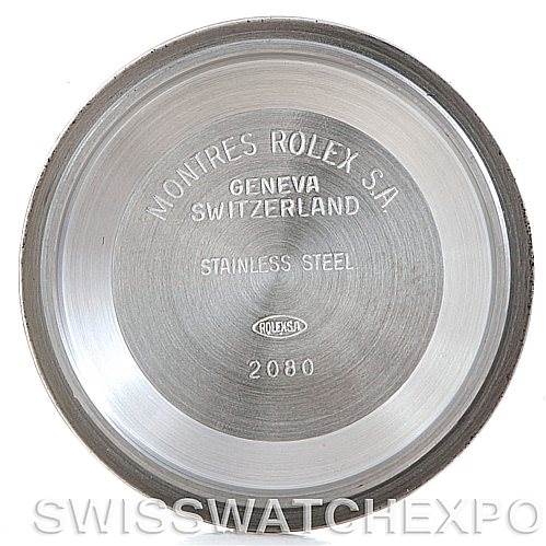 The image shows the inner side of a stainless steel case back for a Rolex Datejust 16233 Men's Steel and Gold (two tone) Champagne Dial 16233 Men's Steel and Gold (two tone) Champagne Dial watch.