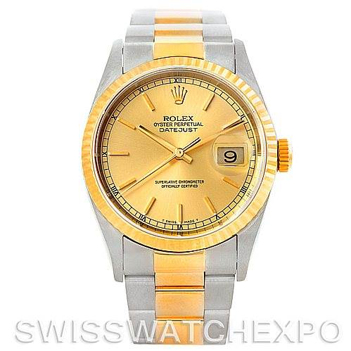 The image shows a front view of the Rolex Datejust 16233 Men's Steel and Gold (two tone) Champagne Dial 16233 Men's Steel and Gold (two tone) Champagne Dial watch, displaying its two-tone bracelet, dial, bezel, and date window.