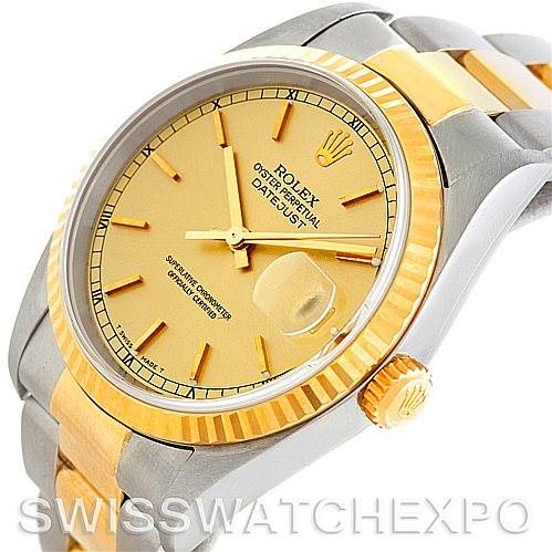 The image shows a front angle of the Rolex Datejust 16233 Men's Steel and Gold (two tone) Champagne Dial 16233 Men's Steel and Gold (two tone) Champagne Dial watch, highlighting its dial, bezel, bracelet, and crown.