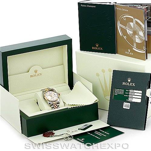 The image shows a Rolex Datejust 116233 Men's Stainless Steel Silver Dial 116233 Men's Stainless Steel Silver Dial watch in its box along with the accessories and manuals from a front angle.
