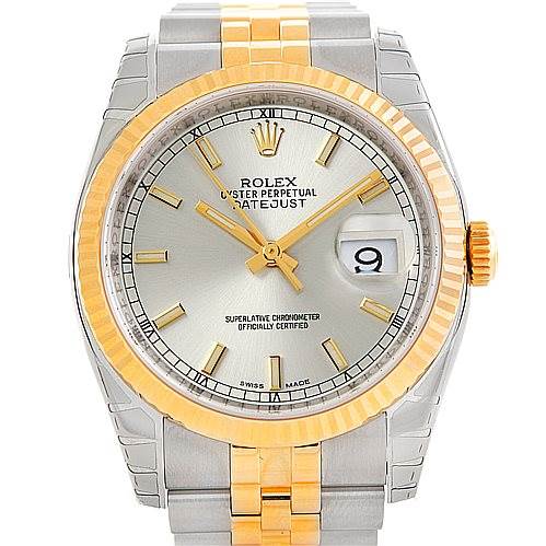 The image shows a front view of a Rolex Datejust 116233 Men's Stainless Steel Silver Dial 116233 Men's Stainless Steel Silver Dial watch, highlighting its dial, bezel, and bracelet.