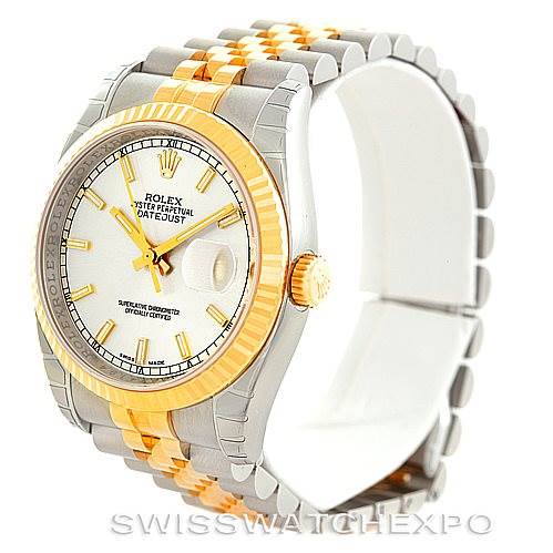 This image shows a Rolex Datejust 116233 Men's Stainless Steel Silver Dial 116233 Men's Stainless Steel Silver Dial watch from an angled side view, highlighting the dial, bezel, crown, and Jubilee bracelet.