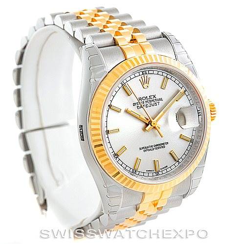 The image shows a Rolex Datejust 116233 Men's Stainless Steel Silver Dial 116233 Men's Stainless Steel Silver Dial watch with a two-tone metal band and a silver dial.