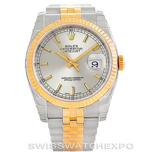 This image shows a front view of a Rolex Datejust 116233 Men's Stainless Steel Silver Dial 116233 Men's Stainless Steel Silver Dial model watch, displaying its silver dial, date indicator, and two-tone bracelet.