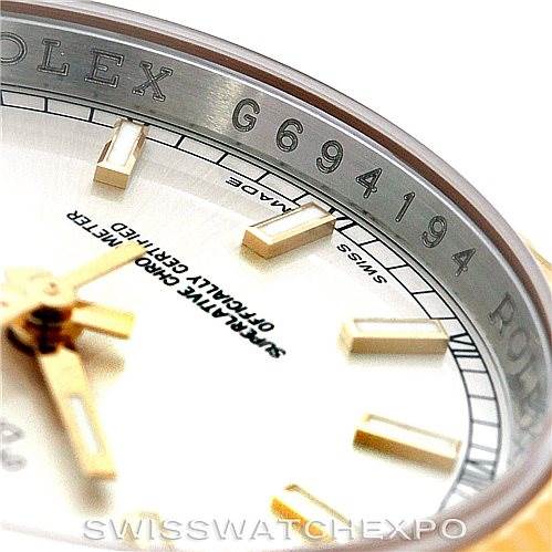 The image shows a close-up of the dial, part of the bezel, and the serial number of a Rolex Datejust 116233 Men's Stainless Steel Silver Dial 116233 Men's Stainless Steel Silver Dial watch.