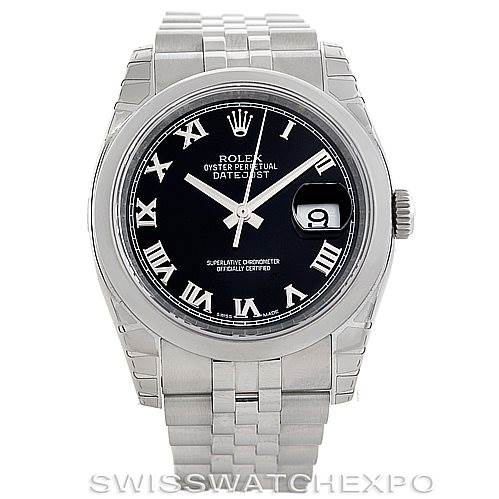 This image shows a frontal view of the Rolex Datejust 116200 Men
s Stainless Steel Black Dial 116200 Men
s Stainless Steel Black Dial watch, highlighting its black dial, Roman numerals, and Jubilee bracelet.