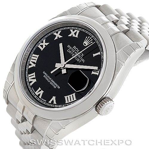 The image shows a Rolex Datejust 116200 Men
s Stainless Steel Black Dial 116200 Men
s Stainless Steel Black Dial watch displaying the bezel, crown, bracelet, and black dial with Roman numerals.