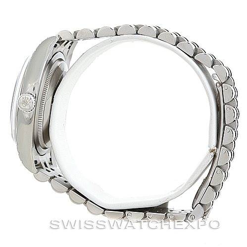 The image shows a side view of a Rolex Datejust 116200 Men
s Stainless Steel Black Dial 116200 Men
s Stainless Steel Black Dial watch, highlighting the case, crown, and bracelet.