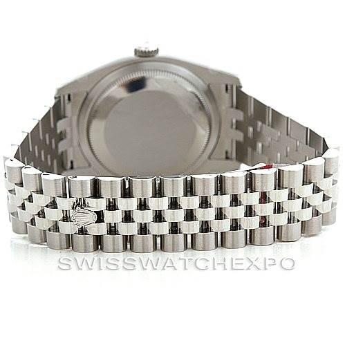 The image shows the back view of a Rolex Datejust 116200 Men
s Stainless Steel Black Dial 116200 Men
s Stainless Steel Black Dial watch, focusing on the jubilee bracelet and the case back.