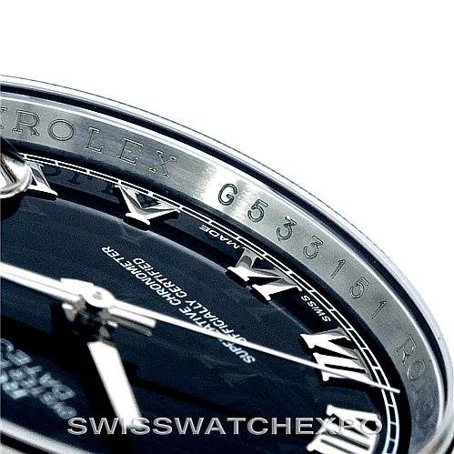 This close-up angle of the Rolex Datejust 116200 Men
s Stainless Steel Black Dial 116200 Men
s Stainless Steel Black Dial watch highlights the bezel, part of the dial, and the hour markers.