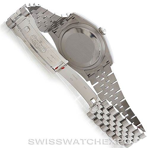 The image shows the back and bracelet of the Rolex Datejust 116200 Men
s Stainless Steel Black Dial 116200 Men
s Stainless Steel Black Dial model, highlighting the clasp and caseback.